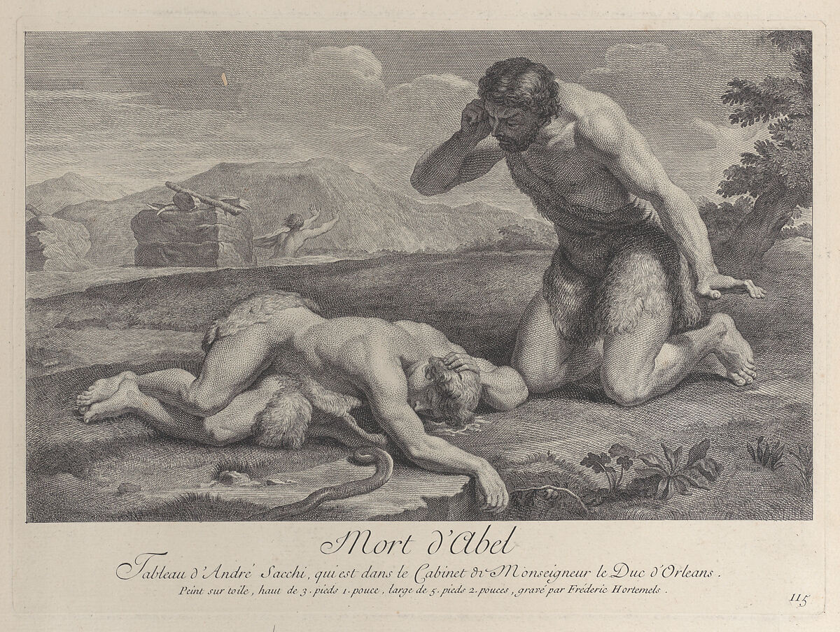 Adam kneels in grief beside the body of Abel, while Cain flees in the background, Frédéric Horthemels (French, 1680/88–1738), Etching and engraving 
