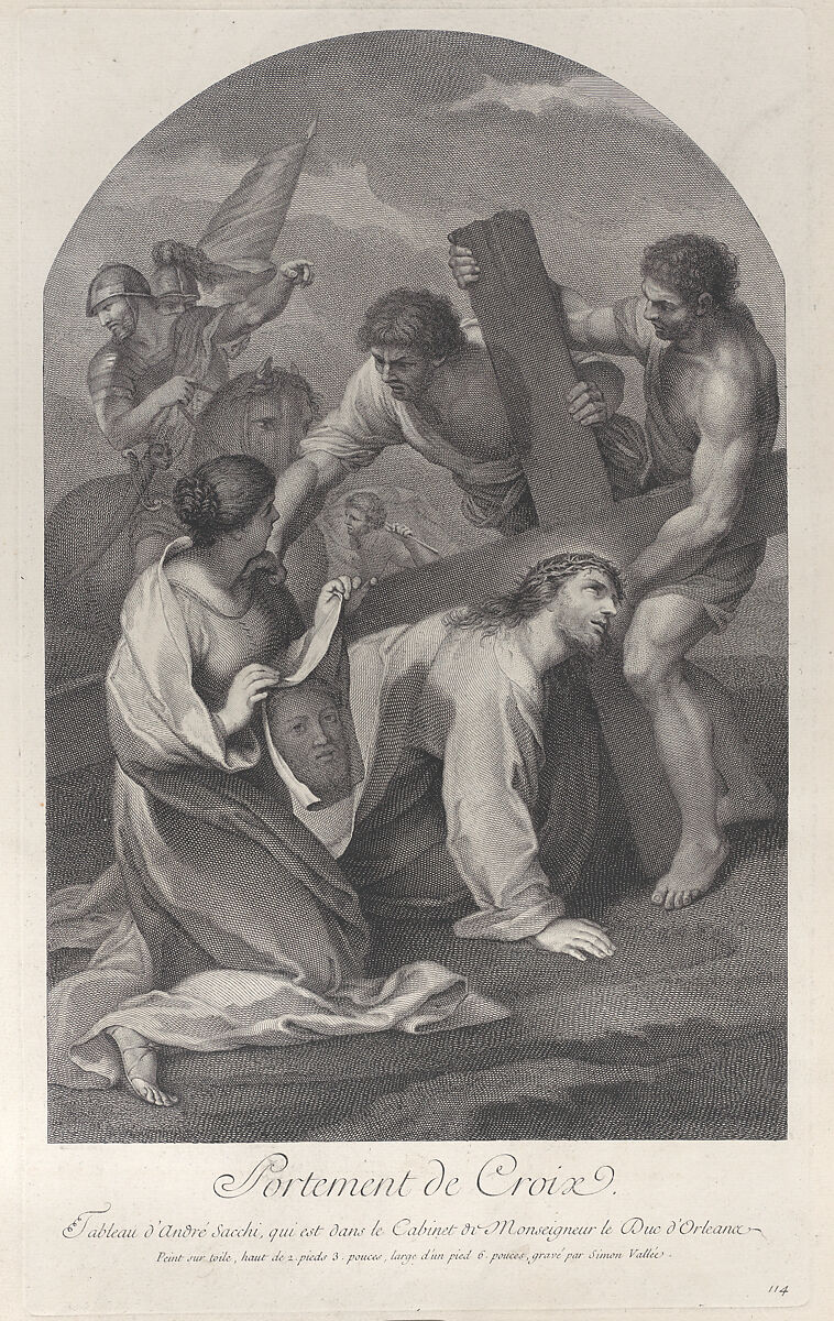 Christ fallen to the ground under the weight of the cross, with two men assisting and Saint Veronica kneeling with the veil at left, Simon de la Vallée (French, 1680–ca. 1730), Etching and engraving 