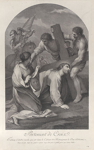 Christ fallen to the ground under the weight of the cross, with two men assisting and Saint Veronica kneeling with the veil at left