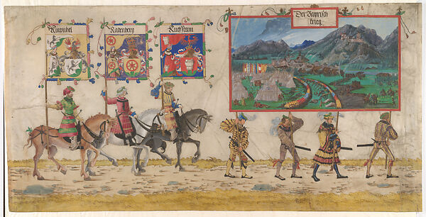 The Riding Banner Carriers with the Standards of Kitzbühel, Rattenberg, and Kufstein and the Bavarian War, from the Triumphal Procession of Maximilian I, Albrecht Altdorfer (German, Regensburg ca. 1480–1538 Regensburg)  , and his workshop, Watercolor and gouache on parchment, South German, Regensburg 