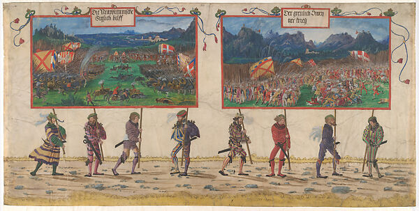 The War Against Naples and the Swiss War, from the Triumphal Procession of Maximilian I, Albrecht Altdorfer (German, Regensburg ca. 1480–1538 Regensburg)  , and his workshop, Watercolor and gouache on parchment, South German, Regensburg 