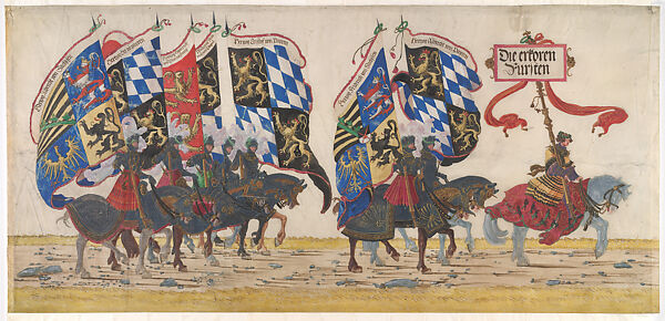 The German Princes, from the Triumphal Procession of Maximilian I, Albrecht Altdorfer (German, Regensburg ca. 1480–1538 Regensburg)  , and his workshop, Watercolor and gouache on parchment, South German, Regensburg 