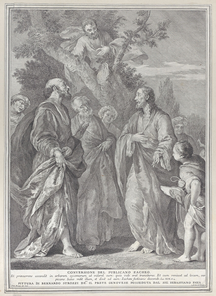 Conversion of Zacchaeus, with Christ at right addressing the tax collector, who is seated in a tree at top center, Pietro Monaco (Italian, Belluno 1707–1772 Venice), Etching 