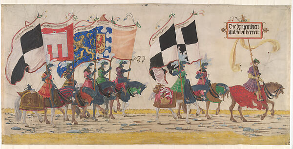 The German Counts, from the Triumphal Procession of Maximilian I, Albrecht Altdorfer (German, Regensburg ca. 1480–1538 Regensburg) and his workshop, Watercolor and gouache on parchment, South German, Regensburg 