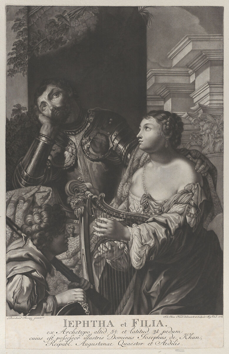 Jephtha dressed in armor looking up in despair, and his daughter holds a harp at right, Johann Elias Haid (German, Augsburg 1737–1809 Augsburg), Mezzotint 