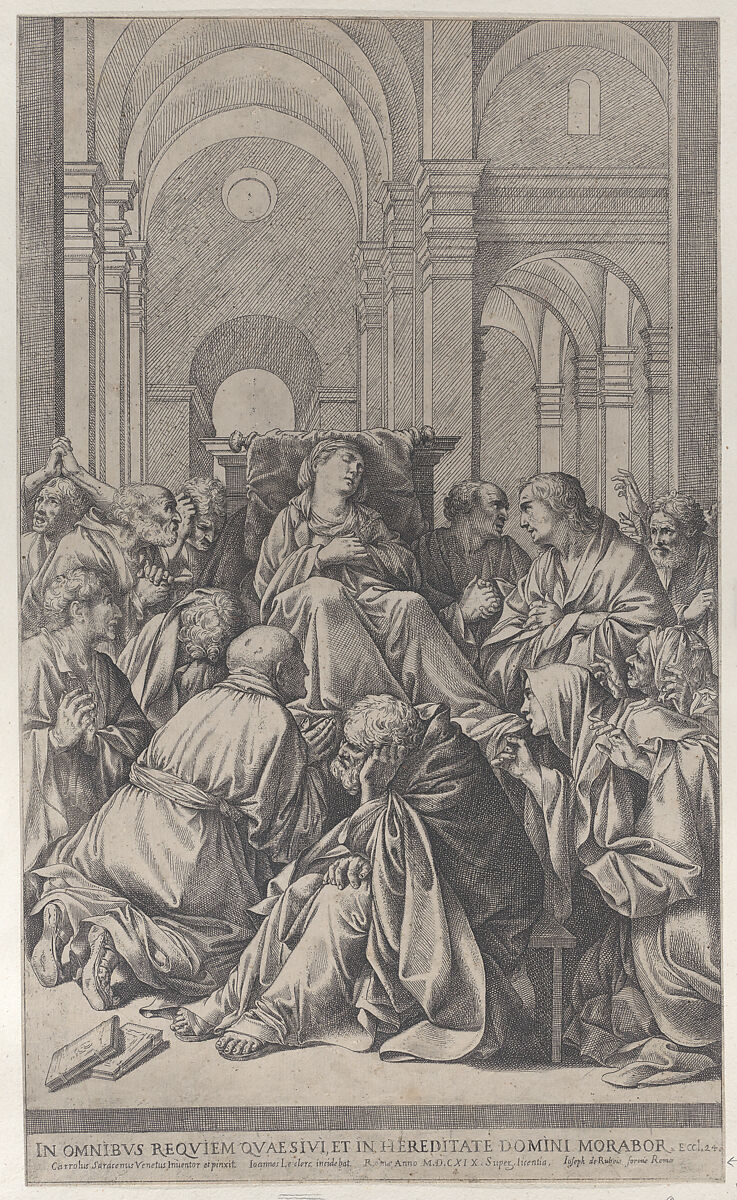 Death of the Virgin, lying on a chair at center, surrounded by Apostles, inside a temple, Jean Le Clerc (French, Nancy 1587–1632/33 Nancy), Etching 