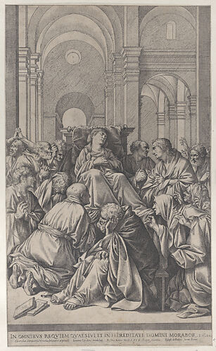 Death of the Virgin, lying on a chair at center, surrounded by Apostles, inside a temple