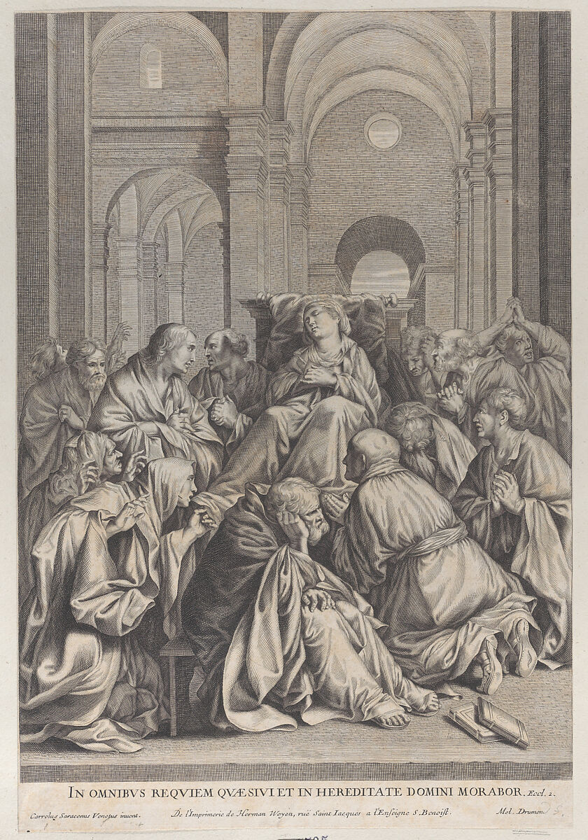 Death of the Virgin, lying on a chair at center, surrounded by Apostles, inside a temple, Anonymous (Mel. Drumond), Etching 