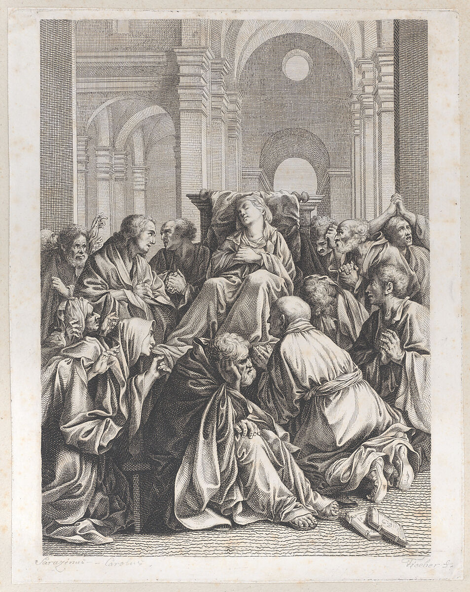 Death of the Virgin, lying on a chair at center, surrounded by Apostles, inside a temple, Joseph Fischer (Austrian, Vienna 1769–1822 Vienna), Etching 