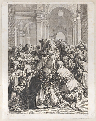 Death of the Virgin, lying on a chair at center, surrounded by Apostles, inside a temple