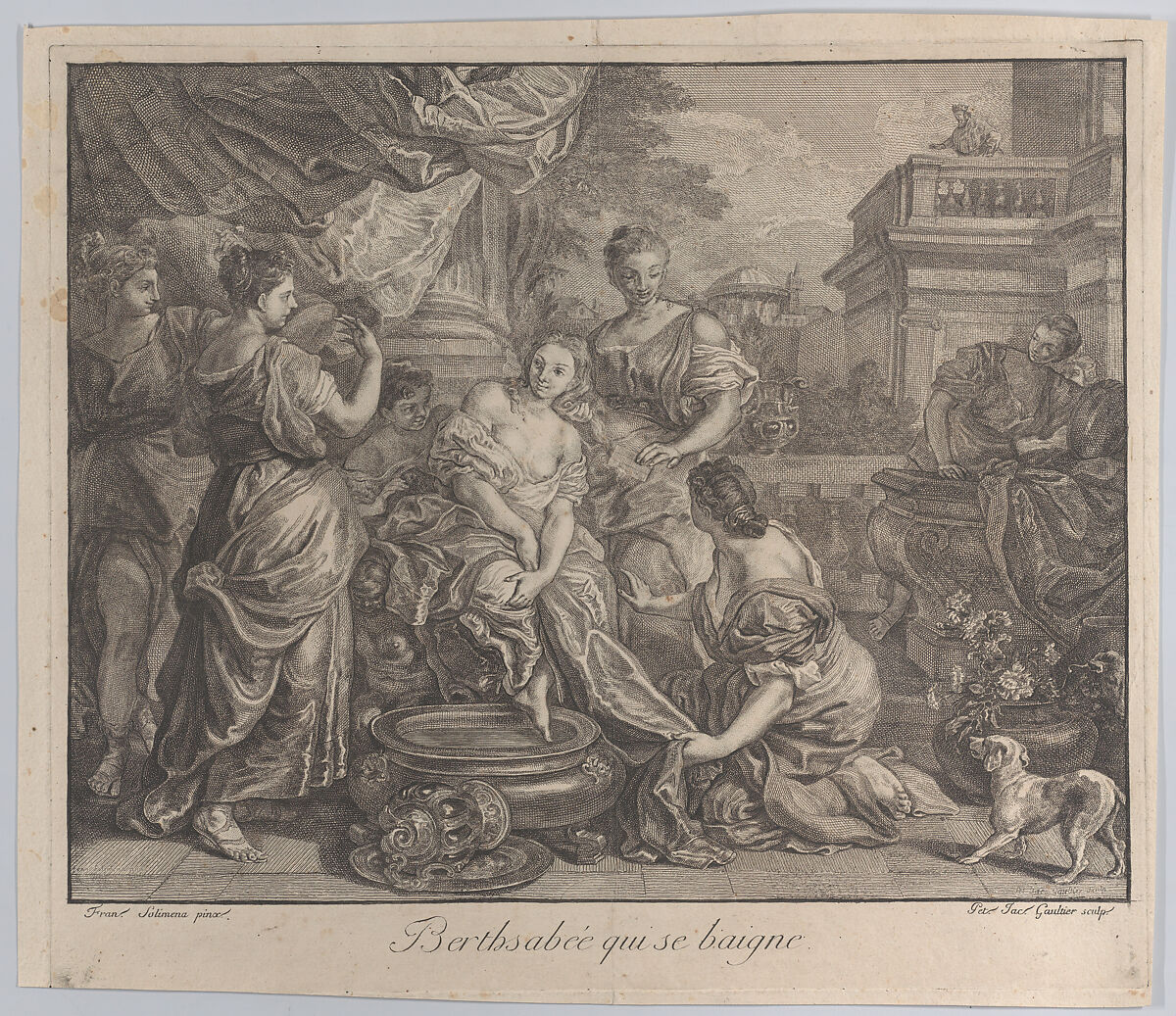 Bathsheba at her bath, with attendants surrounding her, Pierre Jacques Gaultier (French, active Naples, 18th century), Etching 