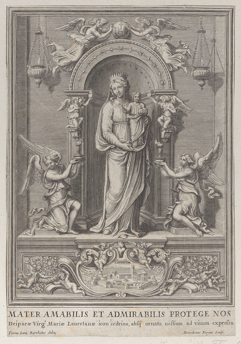 Madonna of Loreto, within a niche with an angel on either side, Benoit Farjat (French, 1626–1724), Etching 