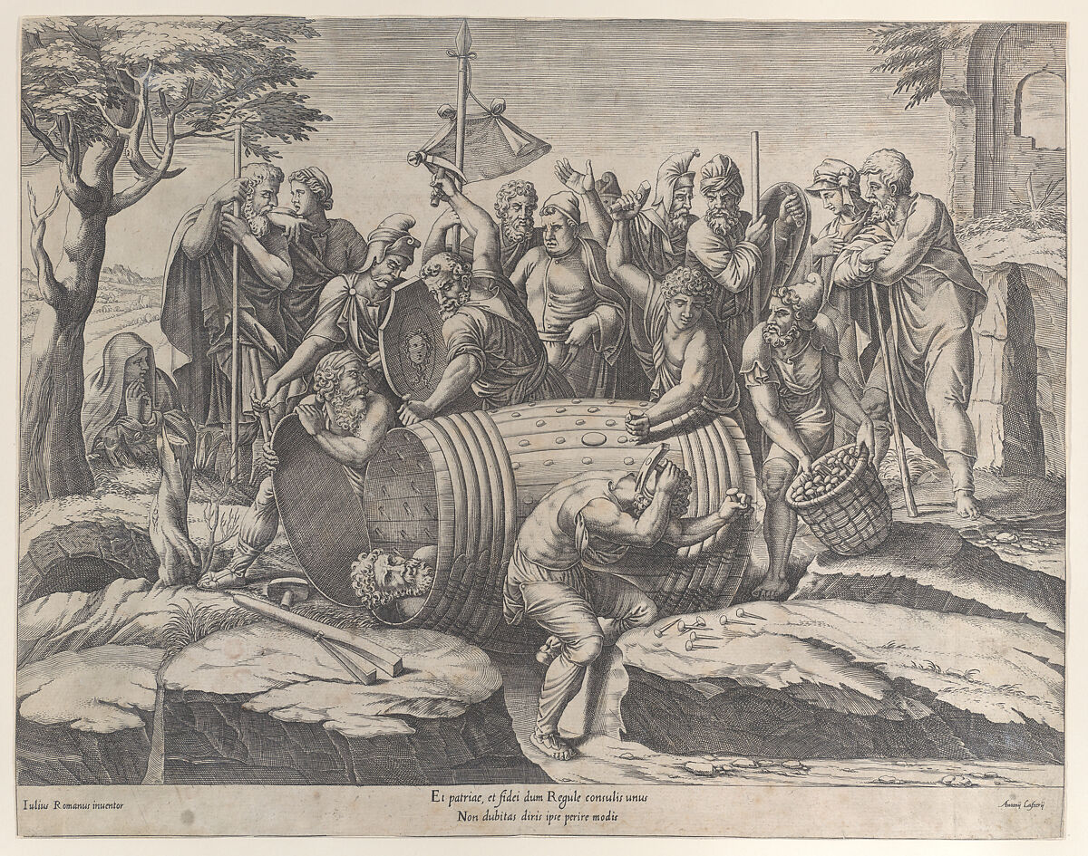 Marcus Atilius Regulus in a barrel while two men are hammering in the nails, various figures throughout, Diana Scultori (Italian, Mantua ca. 1535?–after 1588 Rome), Engraving; first state of two 