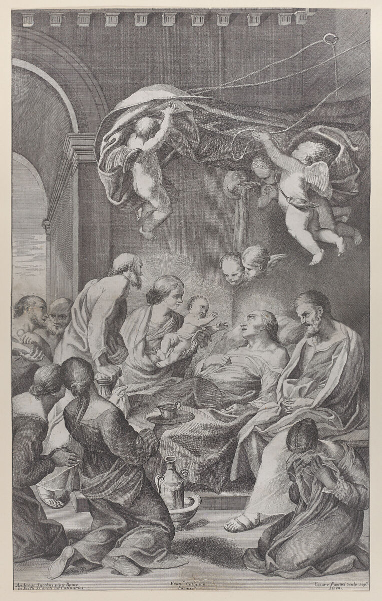 The death of Saint Anne with various family members surrounding her and angels overhead, Cesare Fantetti (Italian, Florence 1660–1675), Etching and engraving 
