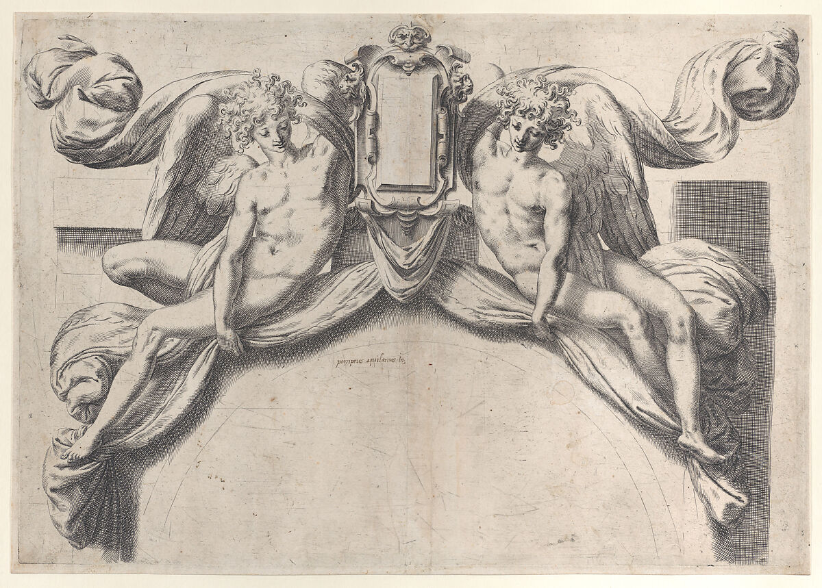 Two angels supporting a cartouche or shield, Orazio de Santis (Italian, active 1568–77), Engraving 