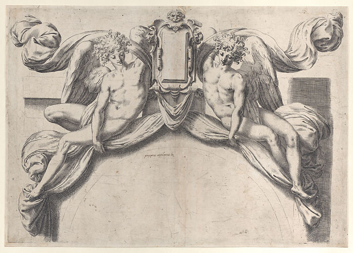 Two angels supporting a cartouche or shield