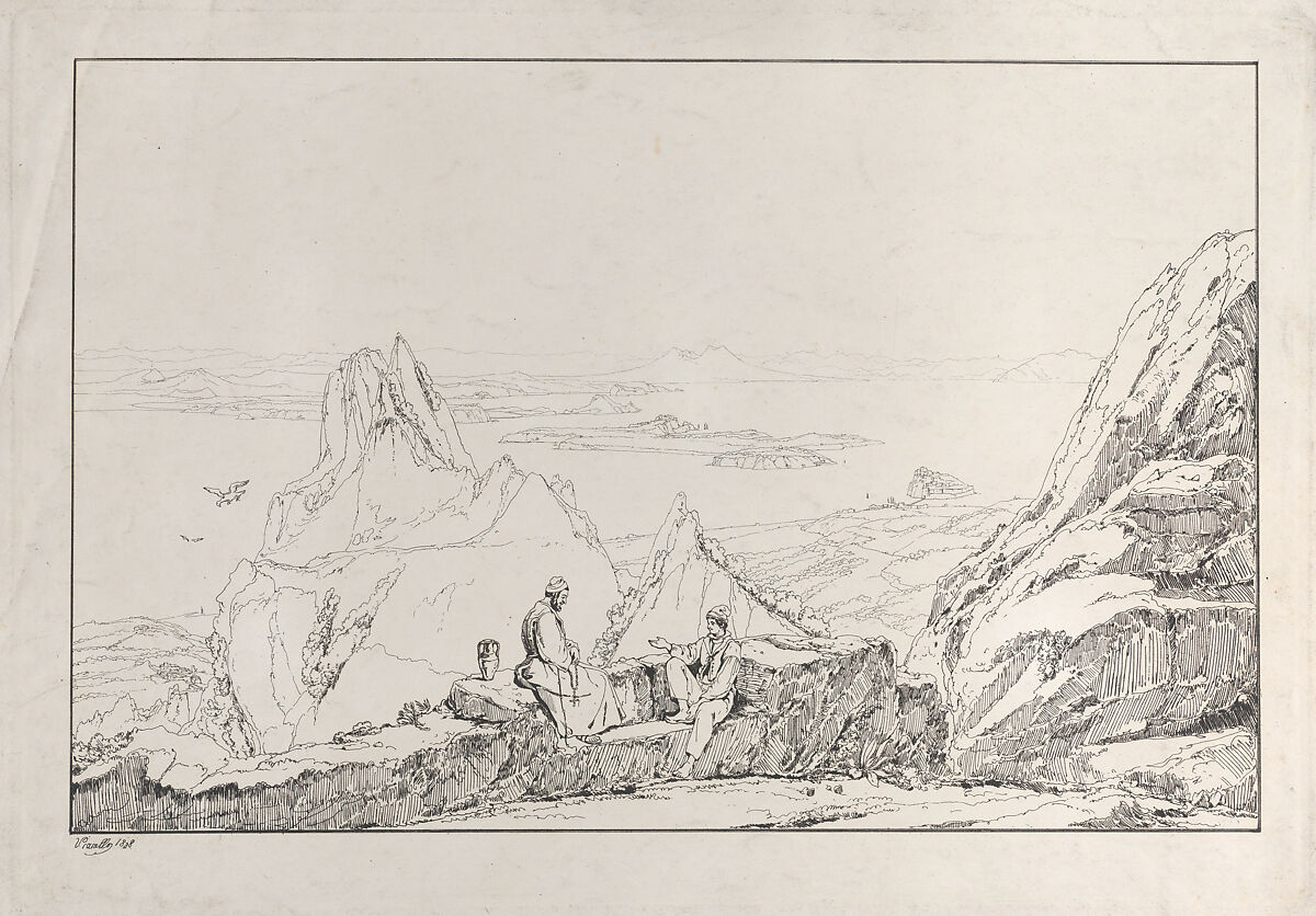 Mountainous landscape with two men in the foreground, Antonio Vianello (Italian, born 1778), Etching 