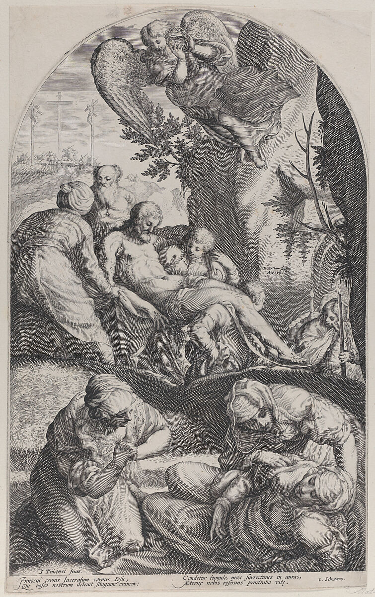 The Entombment, with Christ's body carried on a sheet at center, the three Maries in the foreground, and an angel overhead, Jacob Matham (Netherlandish, Haarlem 1571–1631 Haarlem), Engraving 