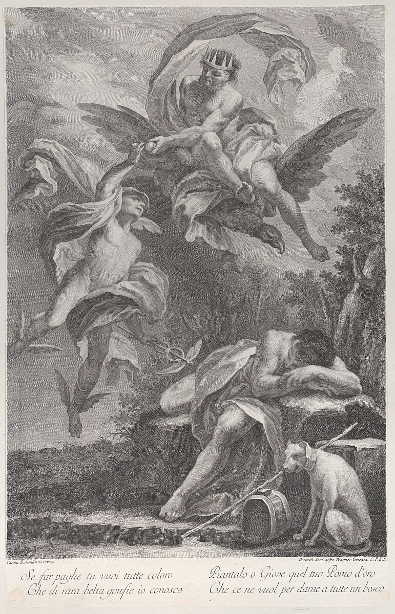 Zeus handing the golden apple to Hermes, above the sleeping figure of Paris, Fabio Berardi (Italian, Siena 1728–1788 Venice), Etching and engraving 