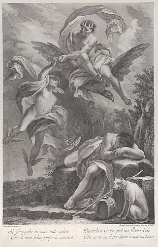 Zeus handing the golden apple to Hermes, above the sleeping figure of Paris