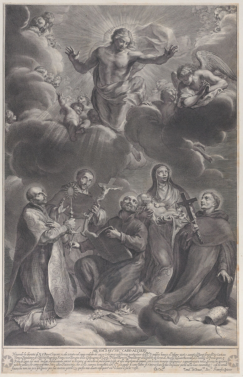 Five saints kneeling and adoring Christ: Saint Francis Borgia, Saint Louis Bertrand, Saint Cajetan, Saint Rosa of Lima, and Saint Philip Benzi, François Spierre (French, Nancy 1639–1681 Marseilles), Engraving 