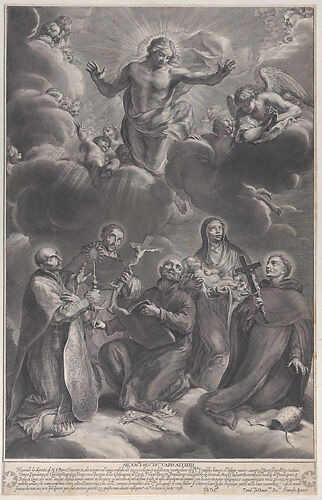 Five saints kneeling and adoring Christ: Saint Francis Borgia, Saint Louis Bertrand, Saint Cajetan, Saint Rosa of Lima, and Saint Philip Benzi