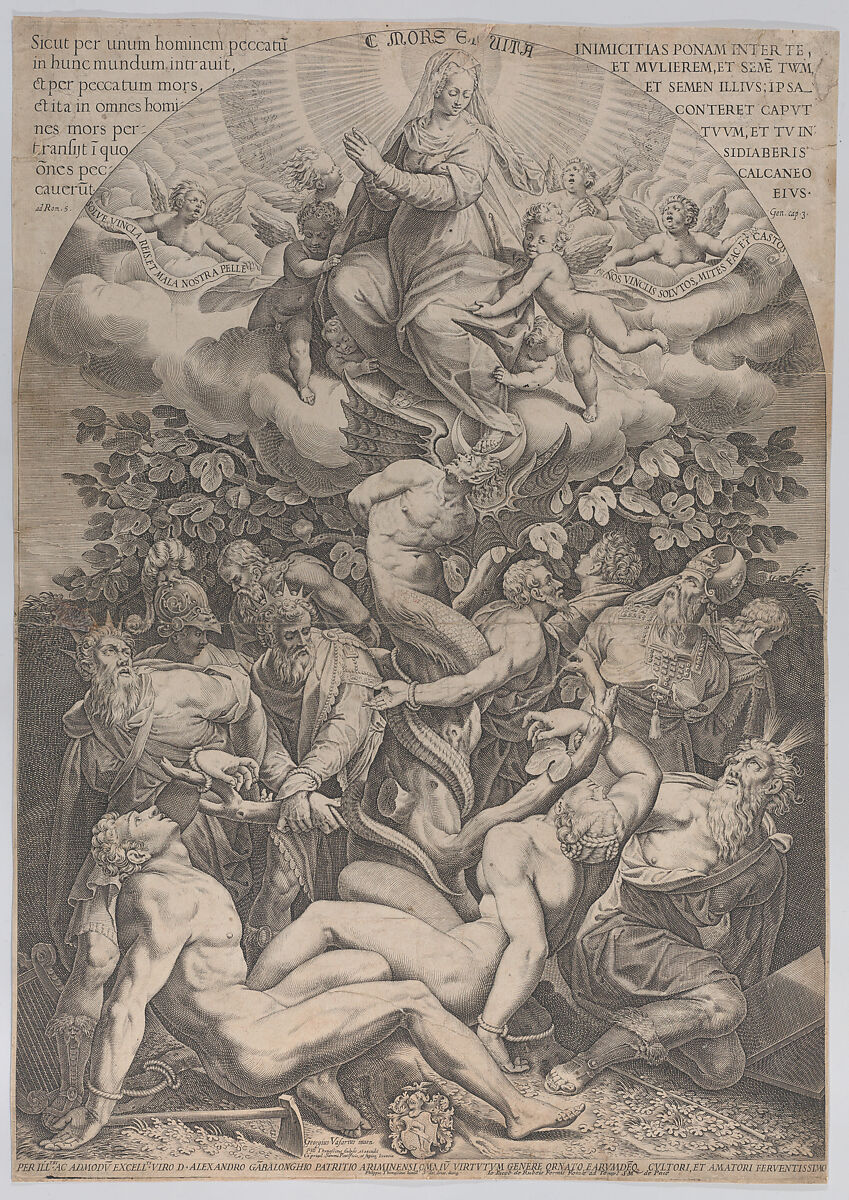 Allegory of the Immaculate Conception, with Adam, Eve, kings, priest, soldier and Moses tied at the bottom of a fig tree, and the Virgin sitting on cloud overhead, surrounded by angels, Philippe Thomassin (French, Troyes 1562–1622 Rome), Engraving 
