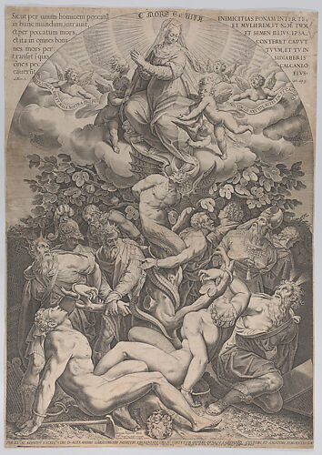 Allegory of the Immaculate Conception, with Adam, Eve, kings, priest, soldier and Moses tied at the bottom of a fig tree, and the Virgin sitting on cloud overhead, surrounded by angels