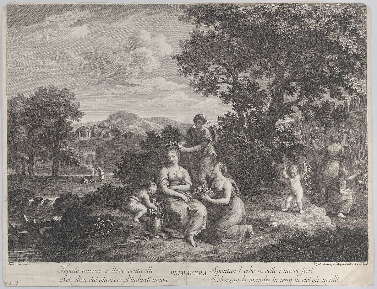 Primavera, a group of women collecting flowers and making crowns from them, Giovanni Volpato (Italian, Bassano 1732–1803 Rome), Engraving 