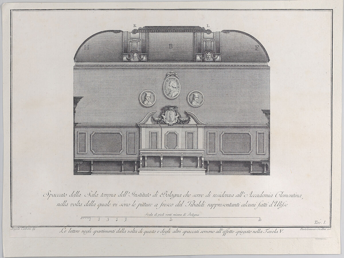 Plate 1: cross-section of the Hall of the Institute of Bologna, which served as the residence for the Clementine Academy, with fresco paintings by Pellegrino Tibaldi in the vault, Bartolomeo Crivellari (Italian, active 18th century), Etching 