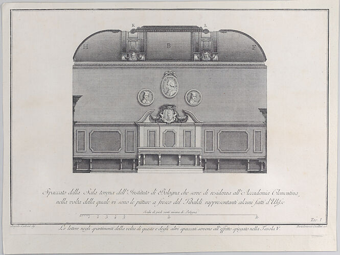 Plate 1: cross-section of the Hall of the Institute of Bologna, which served as the residence for the Clementine Academy, with fresco paintings by Pellegrino Tibaldi in the vault
