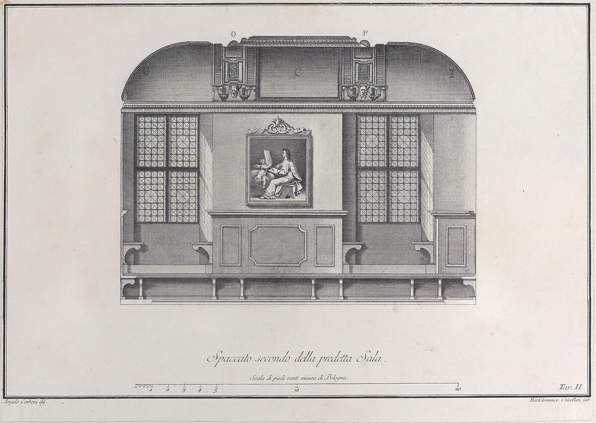 Plate 2: cross-section of the Hall of the Institute of Bologna, Bartolomeo Crivellari (Italian, active 18th century), Etching 
