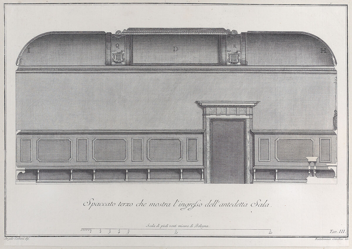 Plate 3: cross-section of the Hall of the Institute of Bologna, Bartolomeo Crivellari (Italian, active 18th century), Etching 