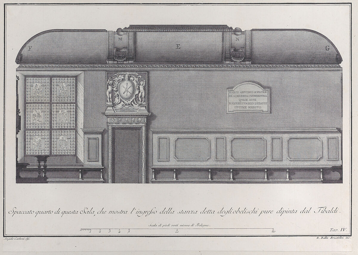 Plate 4: cross-section of the Hall of the Institute of Bologna, with the entrance to the room, Giovanni Battista Brustolon (Italian, Venice 1712–1796 Venice), Etching 
