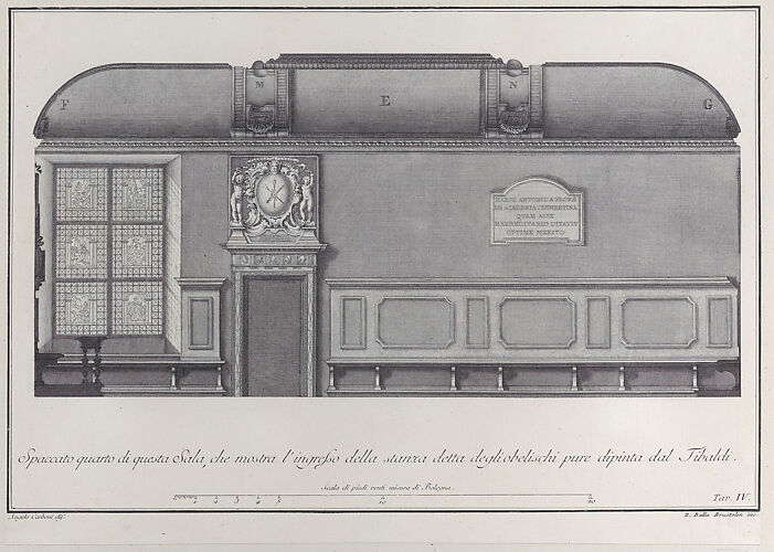 Plate 4: cross-section of the Hall of the Institute of Bologna, with the entrance to the room