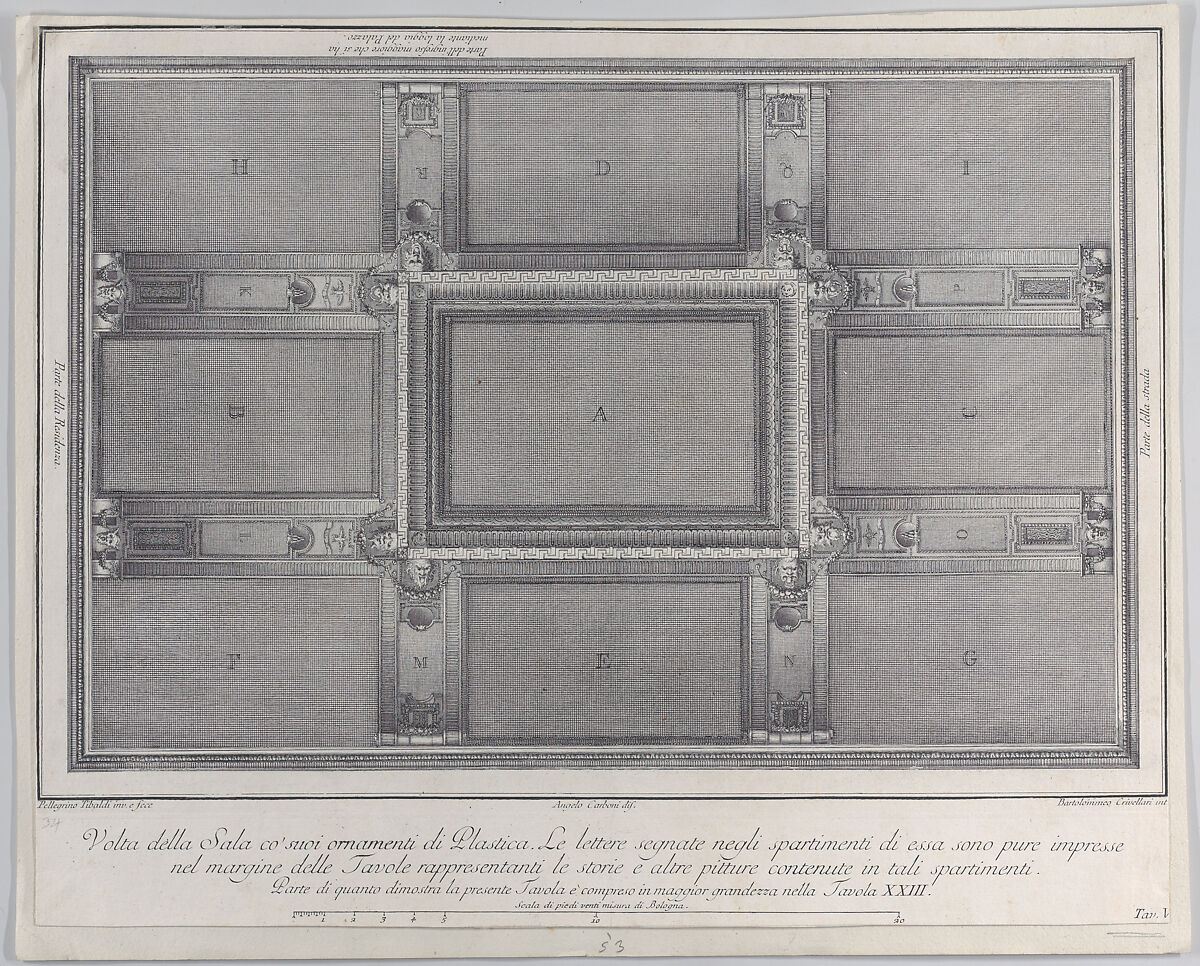 Plate 5: view of the ceiling with its ornaments and frescoed paintings, Bartolomeo Crivellari (Italian, active 18th century), Etching 