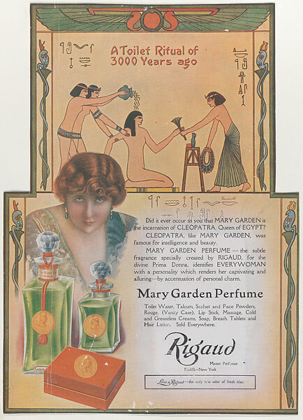 Advertisement for Mary Garden Perfume: "A Toilet Ritual of 3000 Years Ago", Rigaud, Paris and New York (French, founded 1852), Commercial color process 