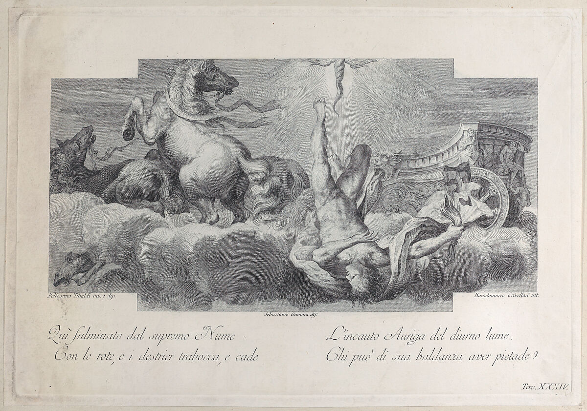 Plate 34: Auriga, the charioteer, falls from the chariot at center, with three horses at left, Intermediary draftsman Sebastiano Gamma (Italian, 1711–1768), Etching and engraving 