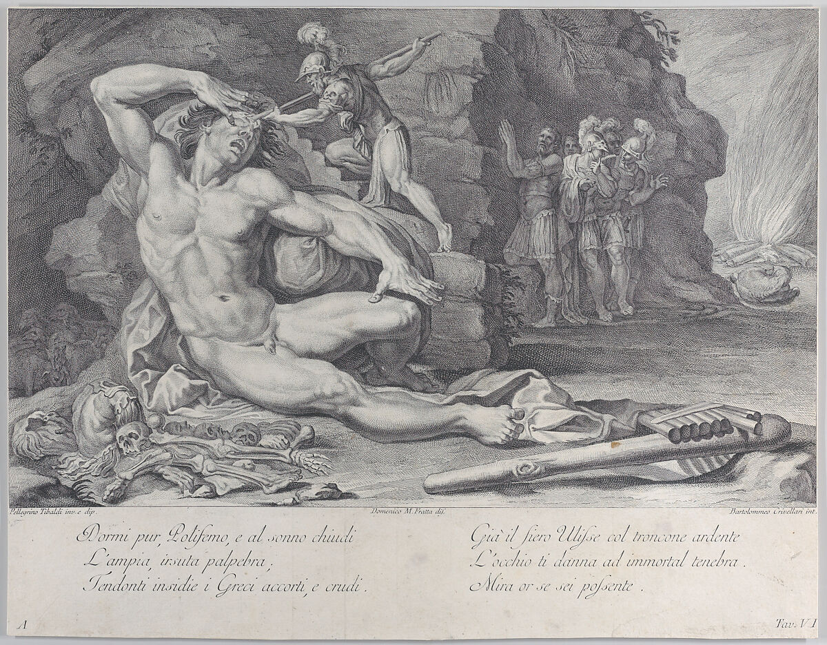 Plate 6: Ulysses driving a burning stake into Polyphemus' eye, Bartolomeo Crivellari (Italian, active 18th century), Etching and engraving 