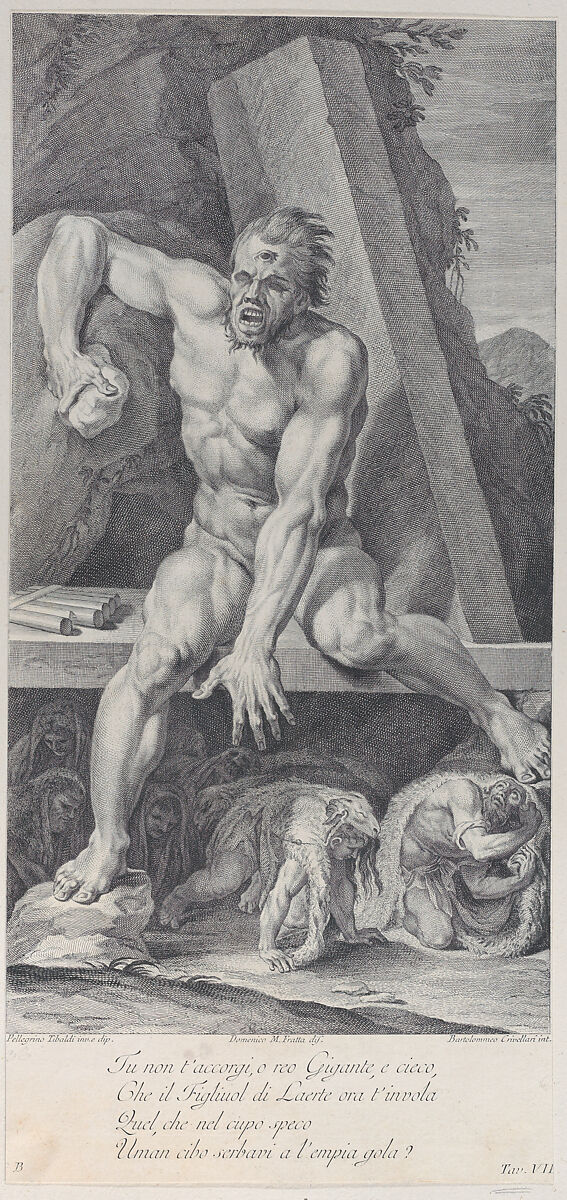 Plate 7: the blinded Polyphemus, guarding the entrance of his cavern, with Ulysses and his companions escaping below by covering themselves with ram skins, Bartolomeo Crivellari (Italian, active 18th century), Etching and engraving 