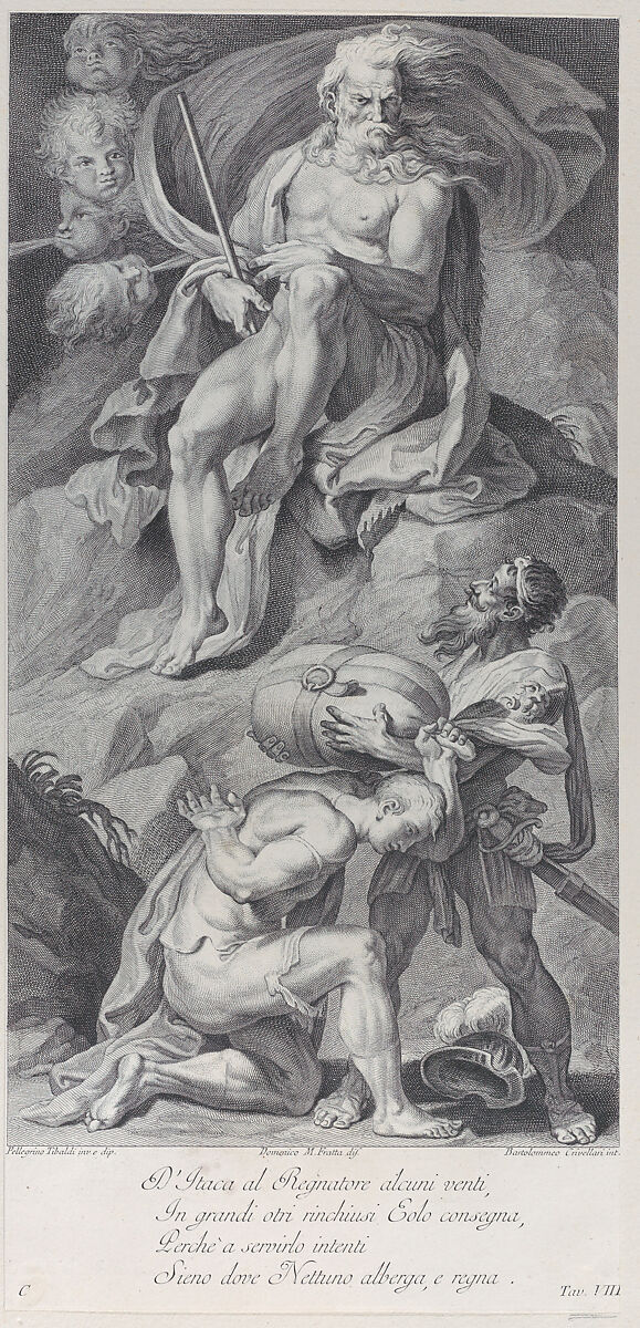 Plate 8: Ulysses receiving the winds in a leather bag from Aeolus, Bartolomeo Crivellari (Italian, active 18th century), Etching and engraving 
