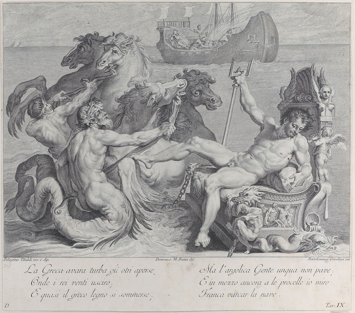 Plate 9: the Greeks opening the bag of wind, thinking there is gold inside, driving their vessel to the island of Circe, Bartolomeo Crivellari (Italian, active 18th century), Etching and engraving 