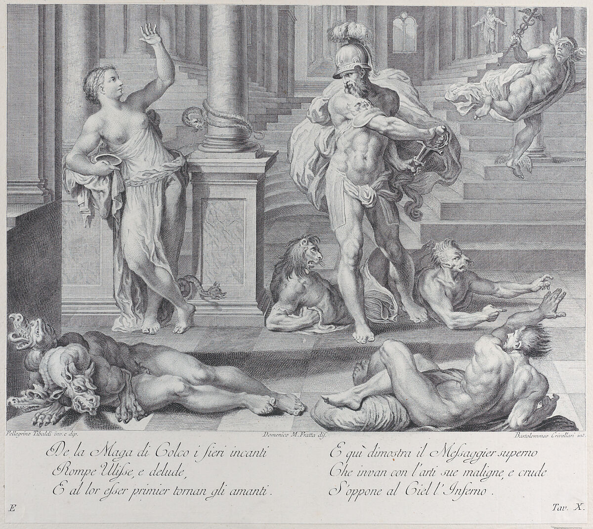 Plate 10: Ulysses compelling Circe to restore his companions' human shapes, which she had changed into monsters, Bartolomeo Crivellari (Italian, active 18th century), Etching and engraving 