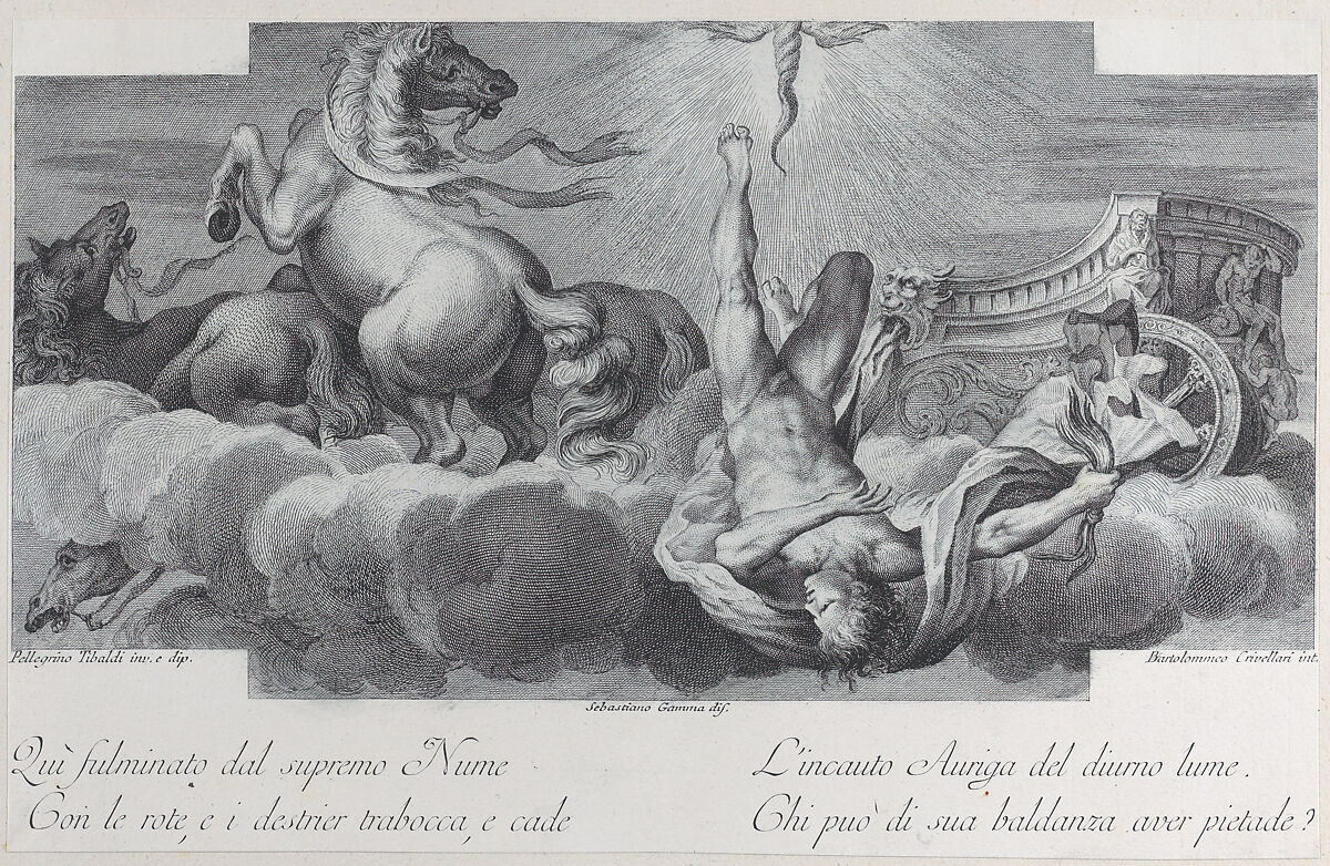 Plate 34: Auriga, the charioteer, falls from the chariot at center, with three horses at left, Bartolomeo Crivellari (Italian, active 18th century), Etching and engraving 