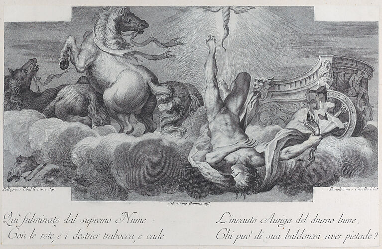 Plate 34: Auriga, the charioteer, falls from the chariot at center, with three horses at left