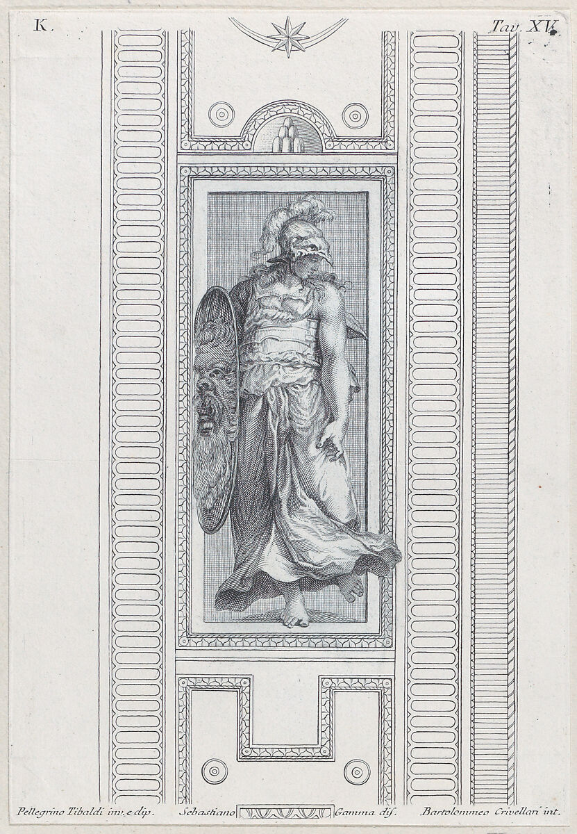 Plate 15: mythological figure wearing a helmet and holding a shield, Bartolomeo Crivellari (Italian, active 18th century), Etching and engraving 