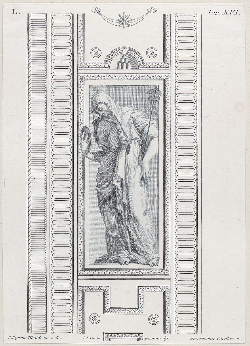 Plate 16: mythological figure holding a mirror, Bartolomeo Crivellari (Italian, active 18th century), Etching and engraving 