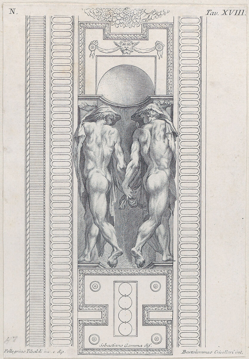 Plate 18: two nude figures wearing veils, seen from behind, Bartolomeo Crivellari (Italian, active 18th century), Etching and engraving 