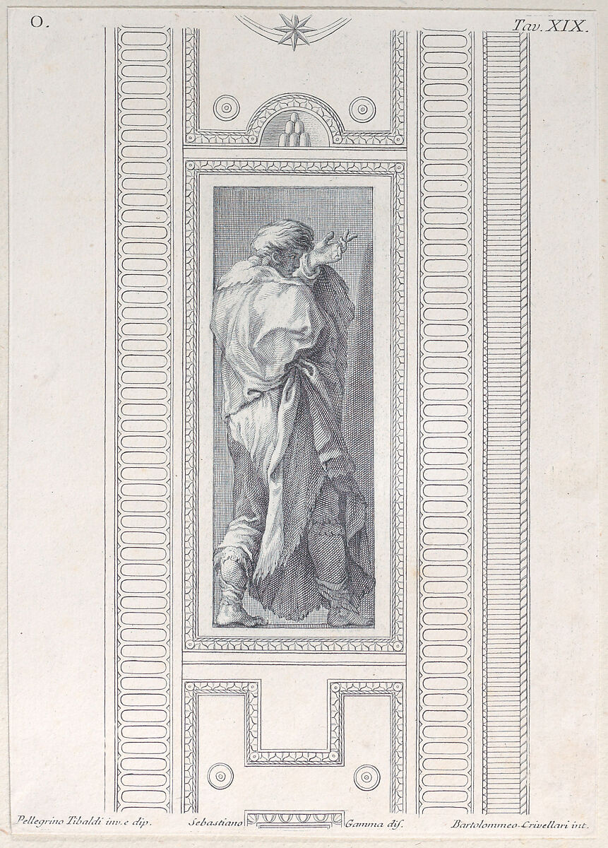 Plate 19: figure seen from behind with left hand raised, Bartolomeo Crivellari (Italian, active 18th century), Etching and engraving 