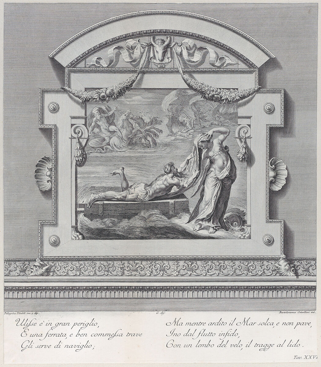 Plate 26: Ulysses escaping on a raft with the aid of the sea deity Leucothea, Bartolomeo Crivellari (Italian, active 18th century), Etching and engraving 